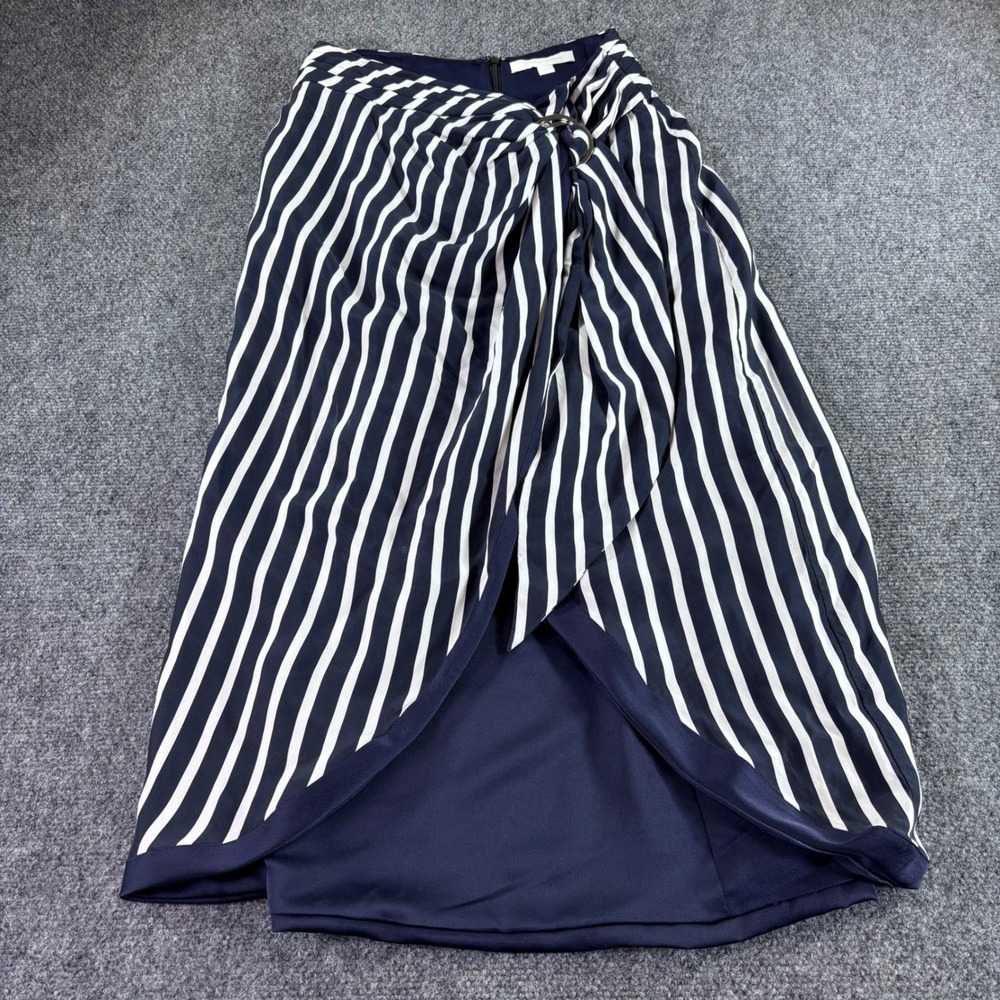 Jonathan Simkhai Wrap Midi Skirt Womens 6 Navy Wh Striped O-Ring Draped Design